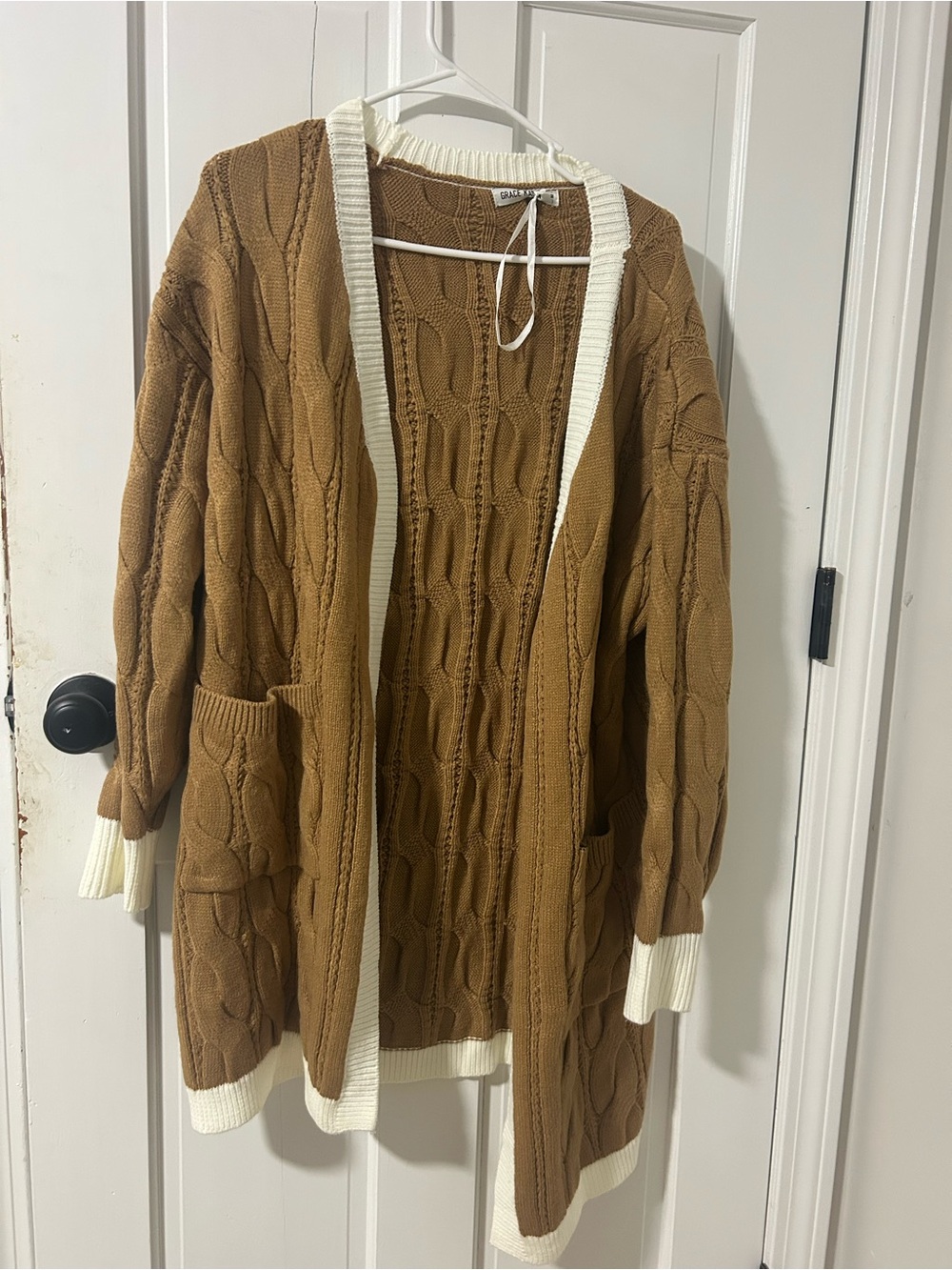 Grace Karin Brown Cable Knit Open-Front Cardigan with Cream Trim